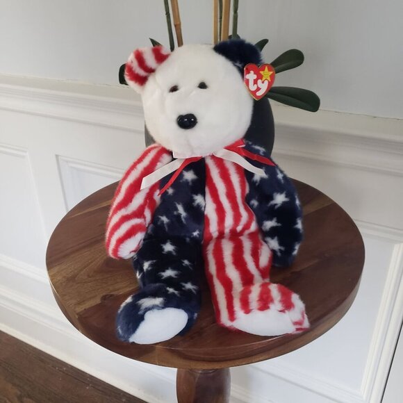 1999 Ty Large 14" Beanie Buddy Spangle Patriotic American Flag Stripes Bear - Picture 10 of 10